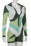 Green Fashion Casual Print Basic V Neck Long Sleeve Skinny Romper