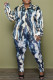Blue Fashion Casual Print Basic Turndown Collar Plus Size Two Pieces
