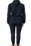 Blue Fashion Casual Solid Basic Hooded Collar Plus Size Two Pieces