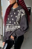 Black Casual Print Patchwork Hooded Collar Tops