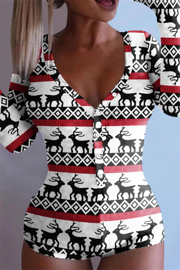 White Fashion Casual Print Basic V Neck Long Sleeve Skinny Romper