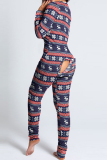 Red Party Vintage Print Patchwork V Neck Skinny Jumpsuits