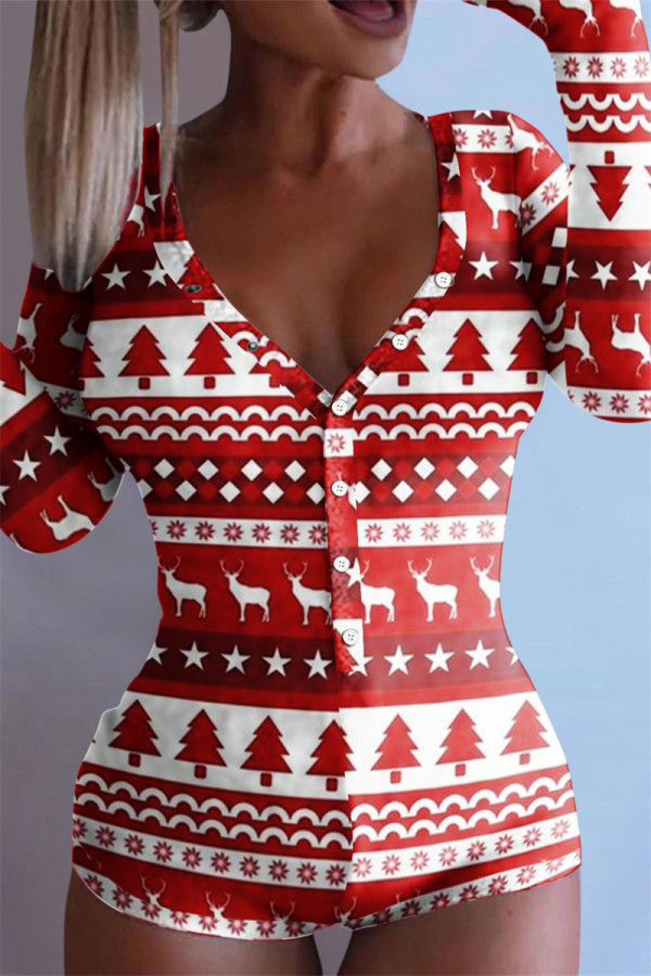 Red White Fashion Casual Print Basic V Neck Long Sleeve Skinny Romper