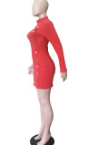 Red Sexy Solid Split Joint Buttons O Neck Pencil Skirt Dresses
