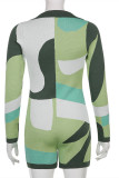 Green Fashion Casual Print Basic V Neck Long Sleeve Skinny Romper
