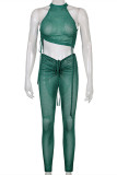 Green Fashion Sexy Patchwork See-through Vests Pants O Neck Sleeveless Two Pieces
