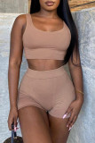 Brown Casual Sportswear Solid Vests U Neck Sleeveless Two Pieces