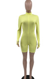 Yellow Casual Sportswear Solid Embroidered Patchwork Zipper Zipper Collar Regular Rompers