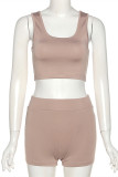 Brown Casual Sportswear Solid Vests U Neck Sleeveless Two Pieces