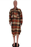 Red Fashion Casual Plaid Cardigan Turndown Collar Outerwear
