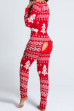 Red Party Vintage Print Patchwork V Neck Skinny Jumpsuits