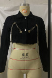 Black Fashion Casual Solid Split Joint Chains Turndown Collar Long Sleeve Regular Denim Jacket