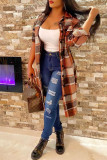 Red Fashion Casual Plaid Cardigan Turndown Collar Outerwear
