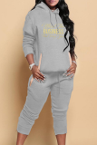 Grey Casual Print Draw String Hooded Collar Long Sleeve Two Pieces