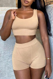 Brown Casual Sportswear Solid Vests U Neck Sleeveless Two Pieces