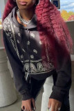 Black Casual Print Patchwork Hooded Collar Tops