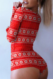 Red Fashion Casual Print Basic V Neck Long Sleeve Skinny Romper