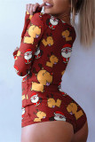 Red Fashion Casual Print Basic V Neck Long Sleeve Skinny Romper