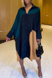 Black Casual Print Patchwork Buckle Turndown Collar Lantern Skirt Dresses