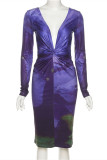 Purple Fashion Sexy Print Basic V Neck Long Sleeve Dresses