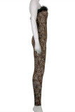 Brown Fashion Sexy Print Leopard Patchwork Backless Strapless Skinny Jumpsuits