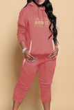 Grey Casual Print Draw String Hooded Collar Long Sleeve Two Pieces