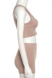 Brown Casual Sportswear Solid Vests U Neck Sleeveless Two Pieces