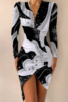 Black White Sexy Print Patchwork Fold Asymmetrical V Neck Irregular Dress Dresses