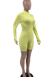 Yellow Casual Sportswear Solid Embroidered Patchwork Zipper Zipper Collar Regular Rompers