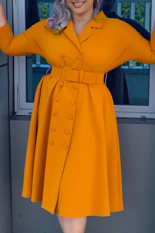 Yellow Casual Solid Patchwork Buckle Turn-back Collar A Line Dresses