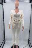 Apricot Sexy Solid Patchwork Asymmetrical Zipper V Neck Long Sleeve Two Pieces