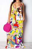 cartoon Fashion Casual adult White Orange Yellow cartoon Spaghetti Strap Sleeveless V Neck Swagger Floor-Length Print Patchwork Ombre Tie and dye Dresses