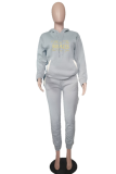 Grey Casual Print Draw String Hooded Collar Long Sleeve Two Pieces