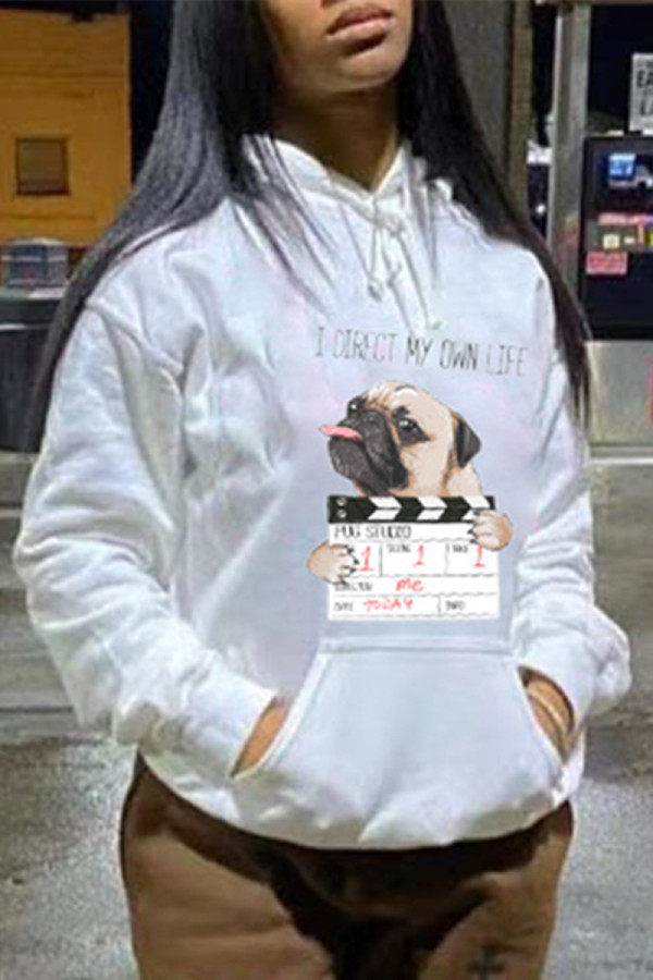 Cream White Fashion Casual Print Basic Hooded Collar Tops