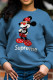 Blue Fashion Cute Character Patchwork O Neck Tops