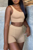 Brown Casual Sportswear Solid Vests U Neck Sleeveless Two Pieces