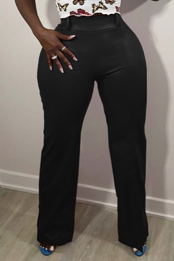 Black Solid Split Joint Straight High Waist Straight Solid Color Bottoms