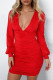 Red Fashion Sexy Solid Fold V Neck Long Sleeve Dresses