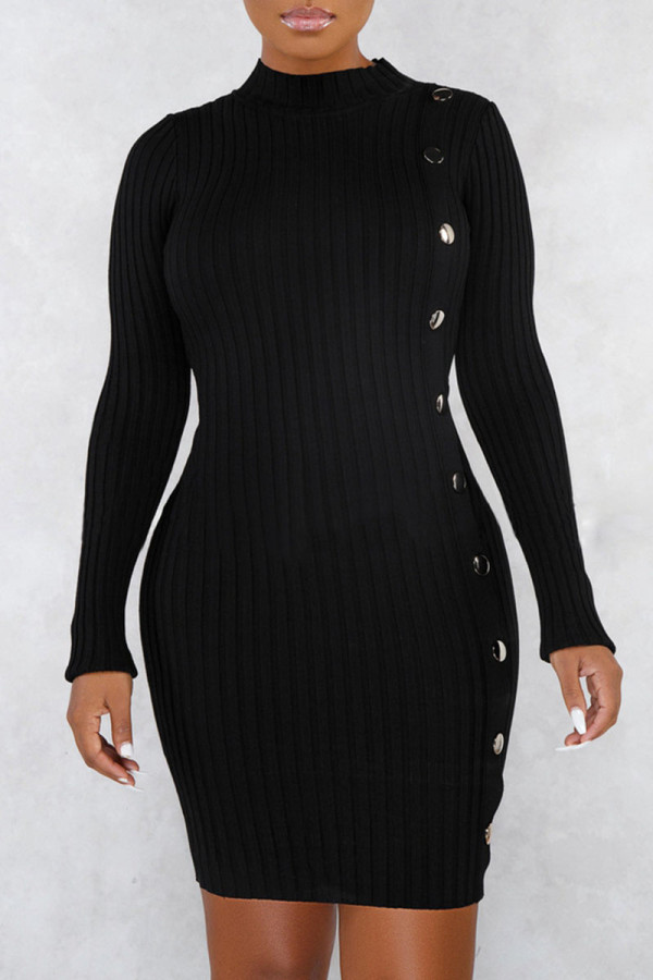 Black Sexy Solid Split Joint Buttons O Neck Pencil Skirt Dresses