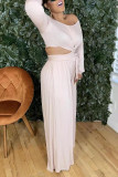 Nude Pink Casual Solid Bandage Patchwork O Neck Long Sleeve Two Pieces