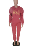 Grey Casual Print Draw String Hooded Collar Long Sleeve Two Pieces