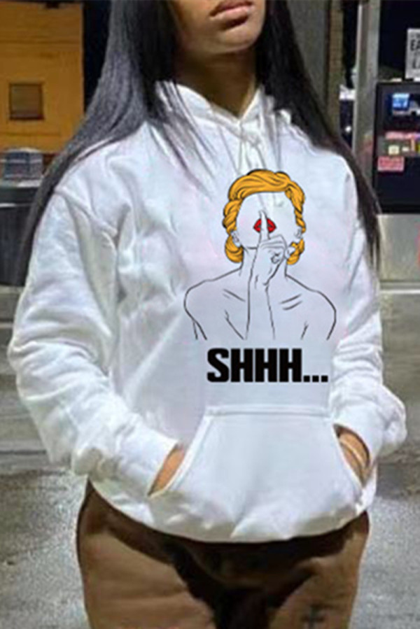 White Fashion Casual Print Basic Hooded Collar Tops