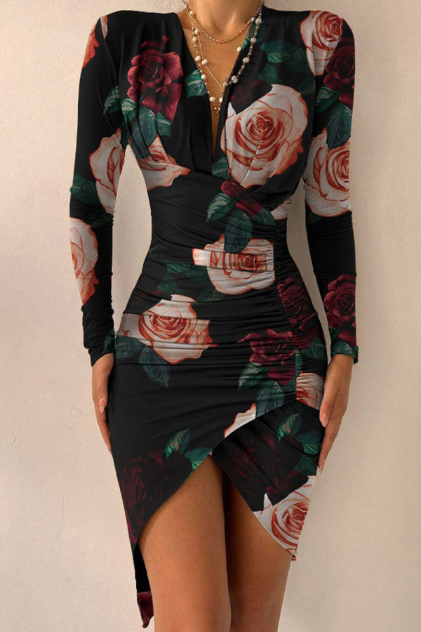 Black Pink Sexy Print Patchwork Fold Asymmetrical V Neck Irregular Dress Dresses