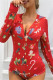 Red Fashion Living Print Basic V Neck Long Sleeve Skinny Romper