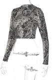 Snake Print Fashion Sexy Print Hollowed Out V Neck Tops