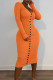 Tangerine Red Sexy Solid Patchwork Buckle V Neck One Step Skirt Dresses