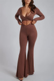 Brown Fashion Sexy Solid Hollowed Out O Neck Long Sleeve Two Pieces