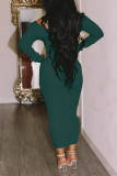 Ink Green Sexy Solid Split Joint V Neck One Step Skirt Dresses