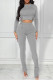 Grey Fashion Casual Solid Bandage Draw String O Neck Long Sleeve Two Pieces