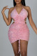 Pink Fashion Sexy Patchwork Sequins Backless Halter Sleeveless Dress